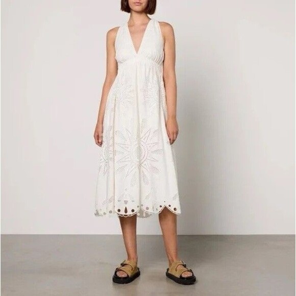 Farm Rio Maxi Dress XL Linen Blend Embroidered Coastal Richelieu Farm Rio Maxi Dress XL Linen Blend Embroidered Coastal Richelieu